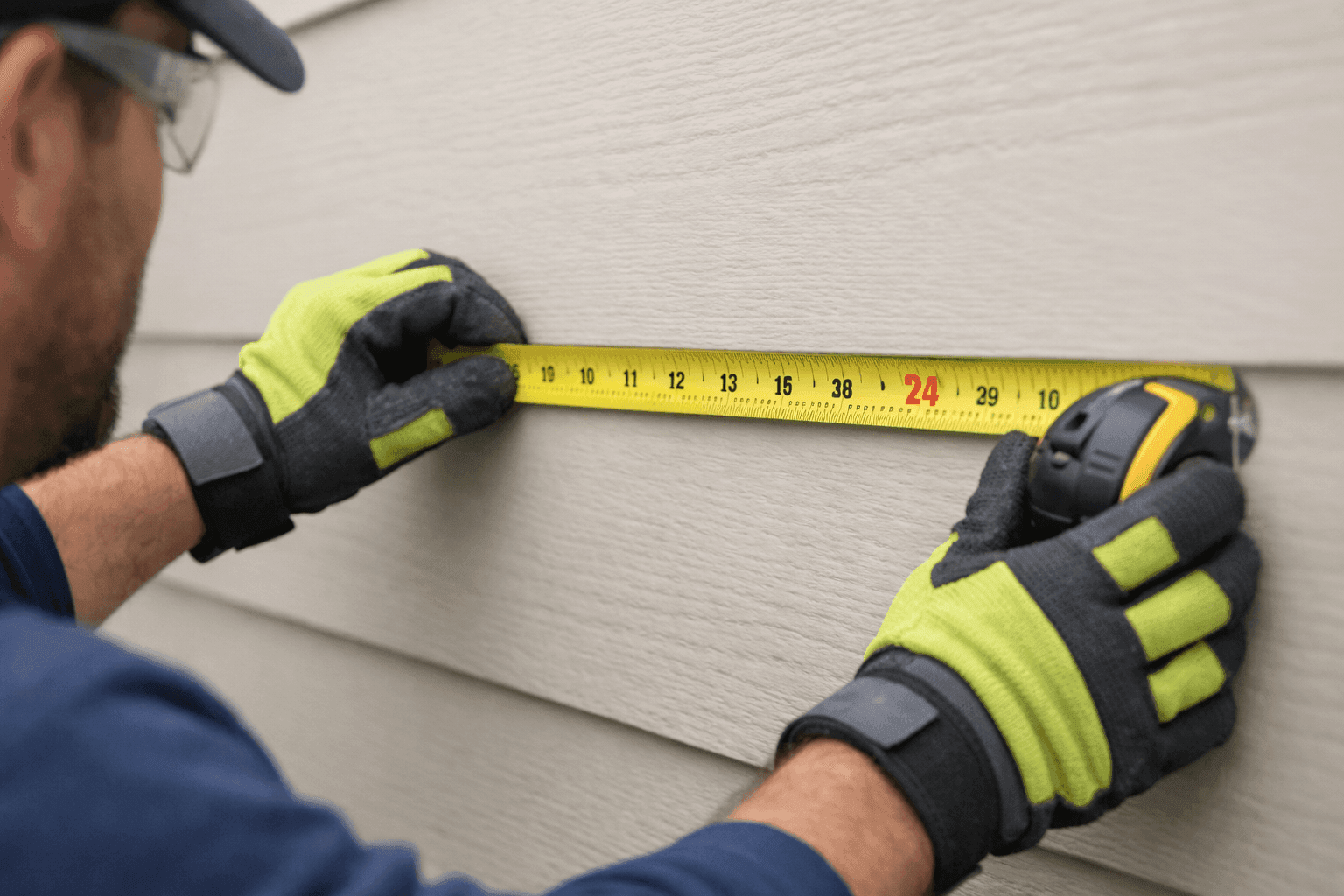 Contractor measuring for siding installation with tape