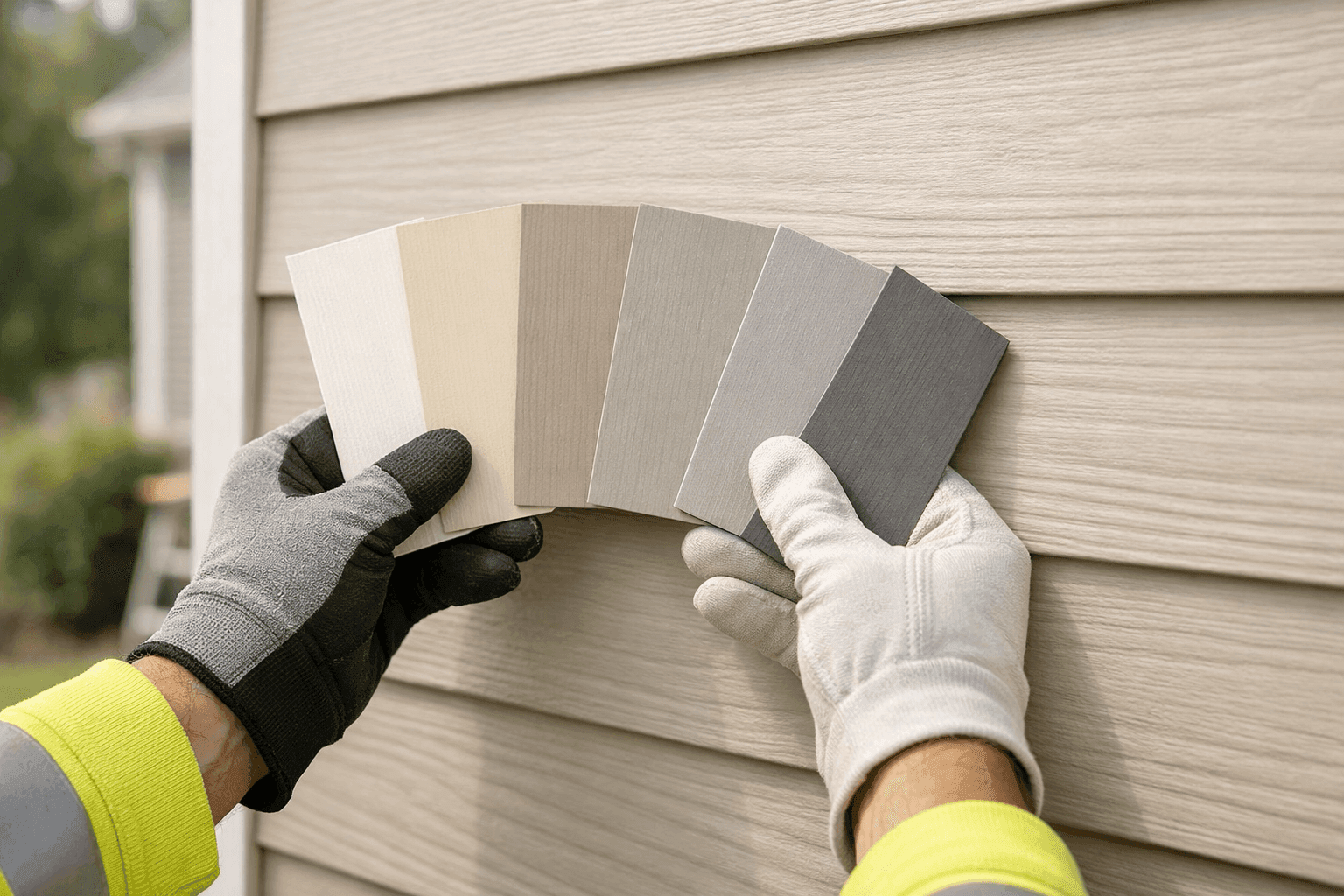 Siding color samples held up to a home's exterior