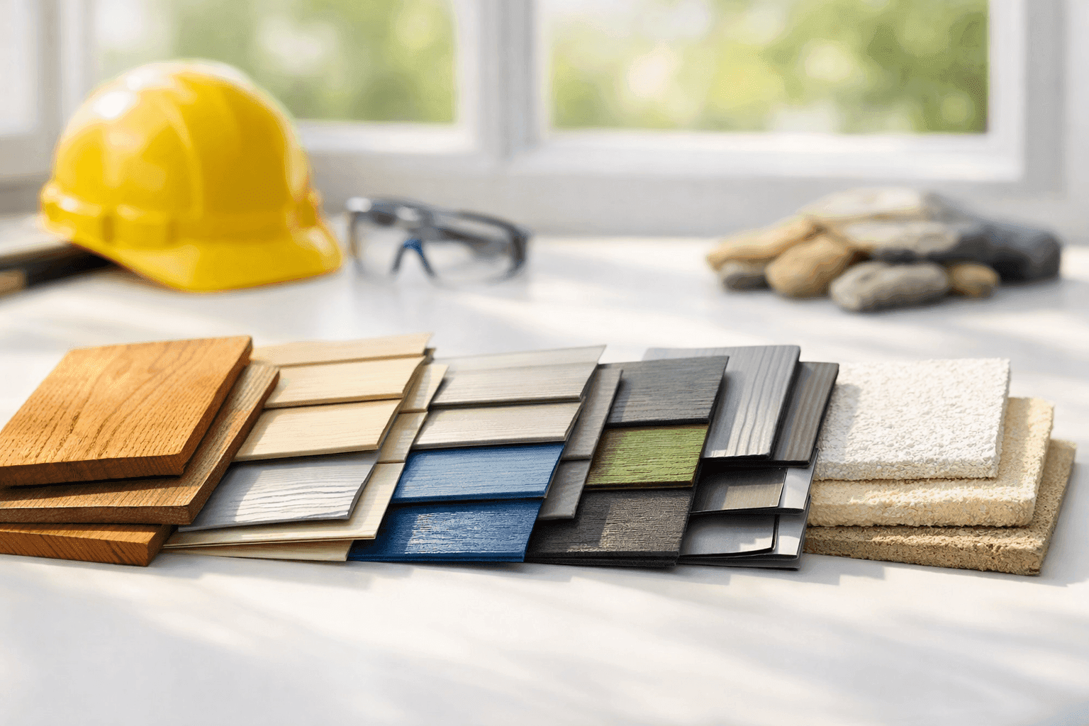 Various siding material samples laid out for selection