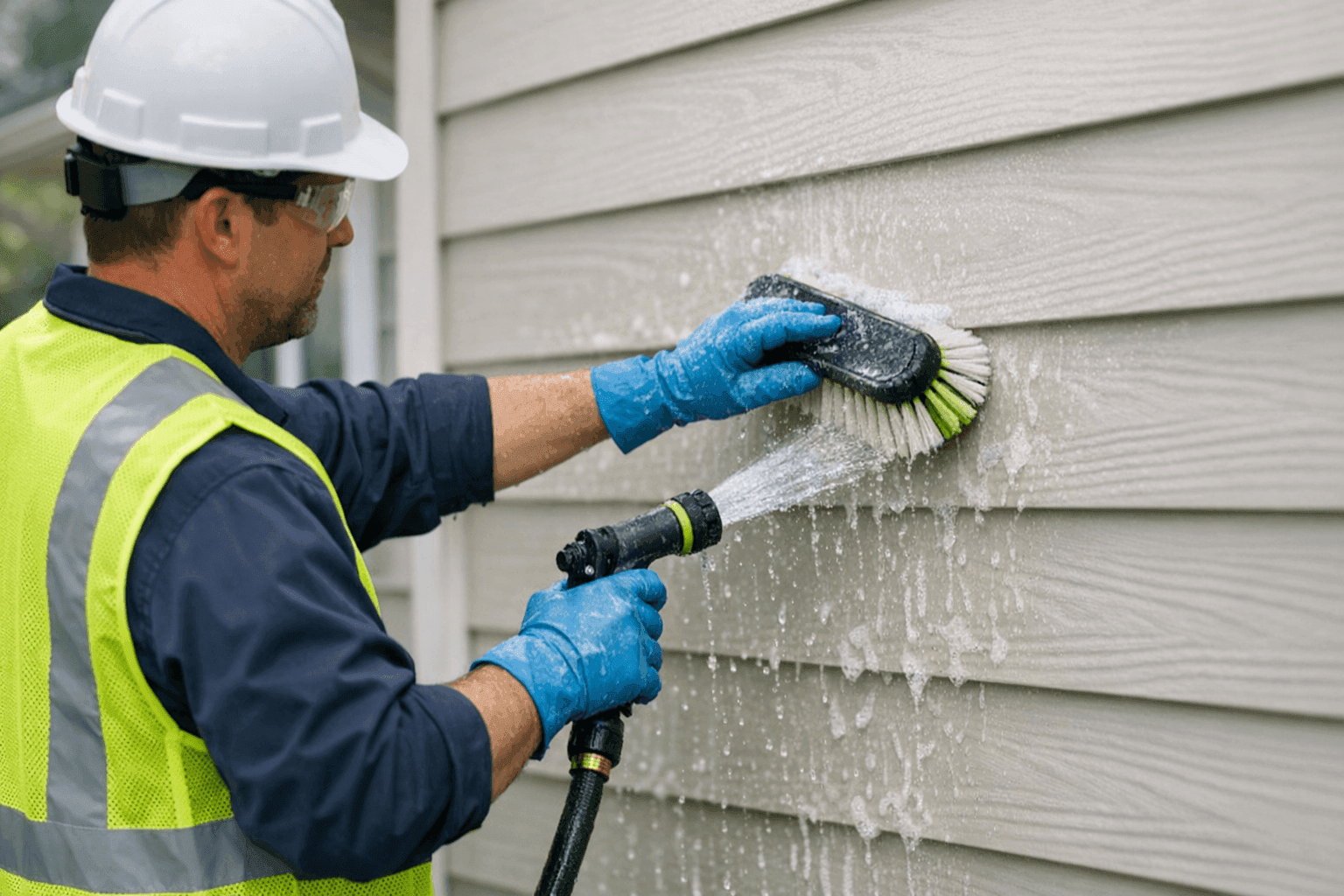 Homeowner using hose and brush to clean siding