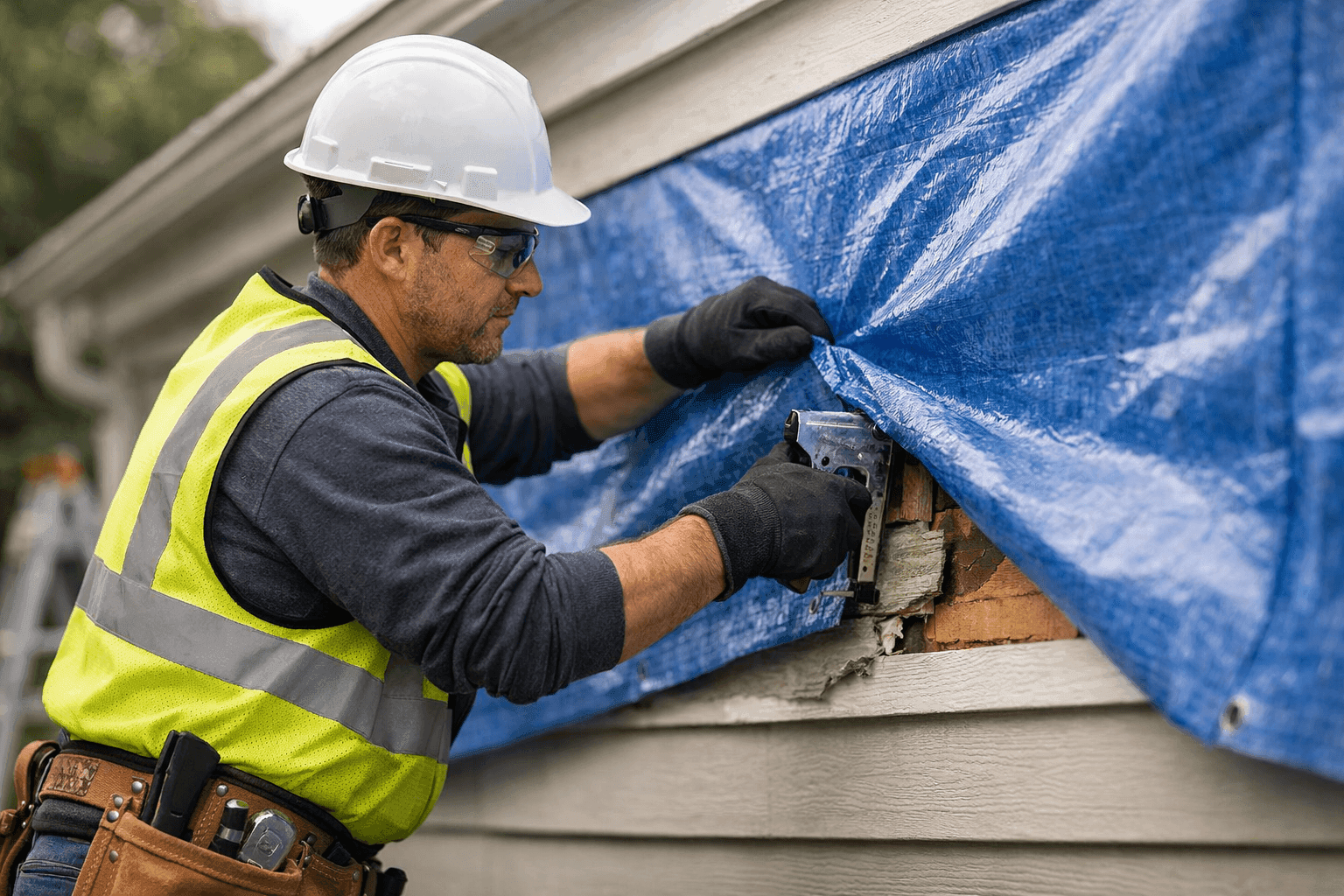 Homeowner covering damaged siding with tarp before repair