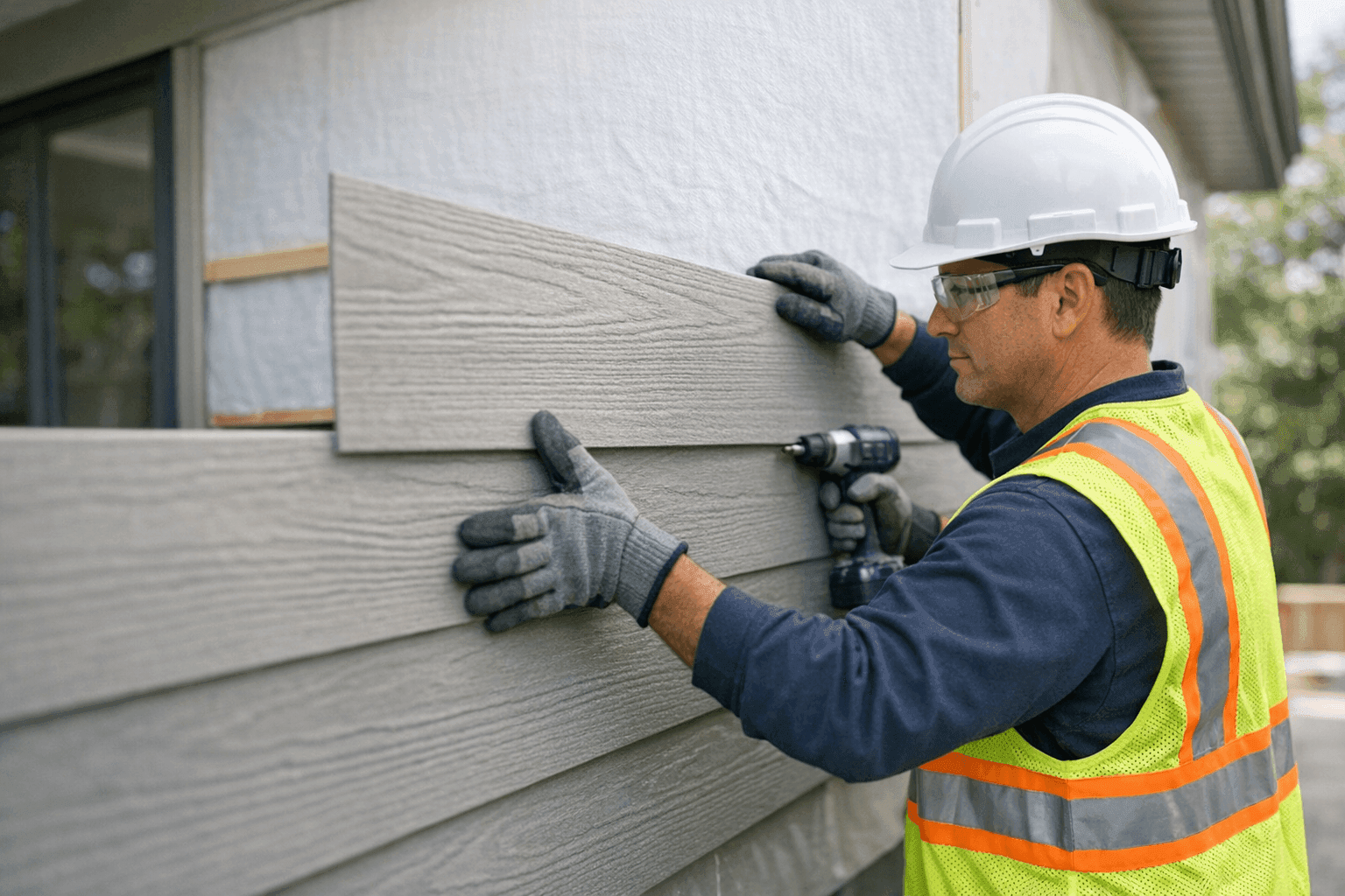 Close-up of fiber cement siding installation on a modern home