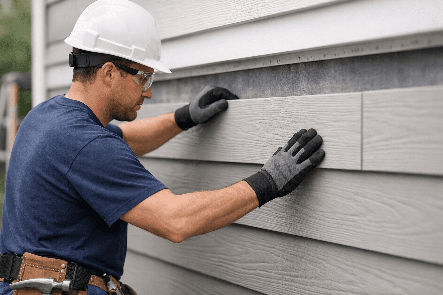 Closeup of fiber cement siding installation on house