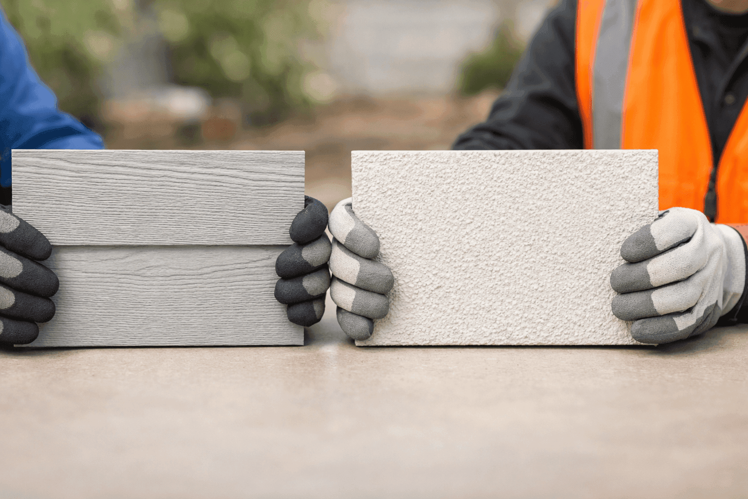 Fiber cement and stucco siding samples side by side