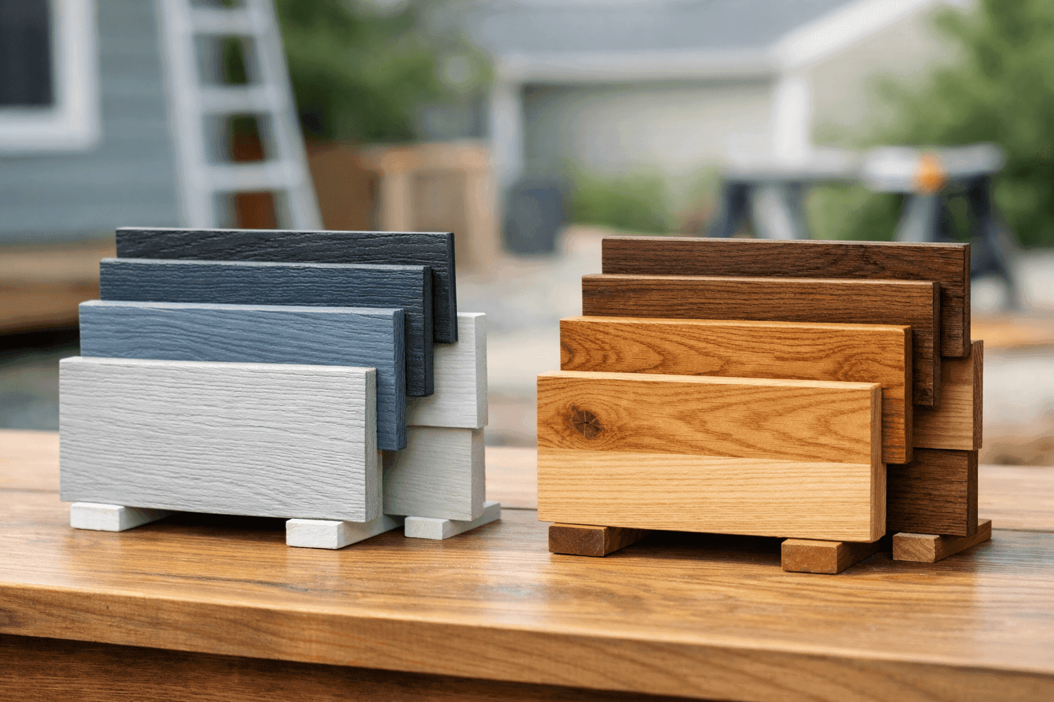 Samples of fiber cement and wood siding side by side