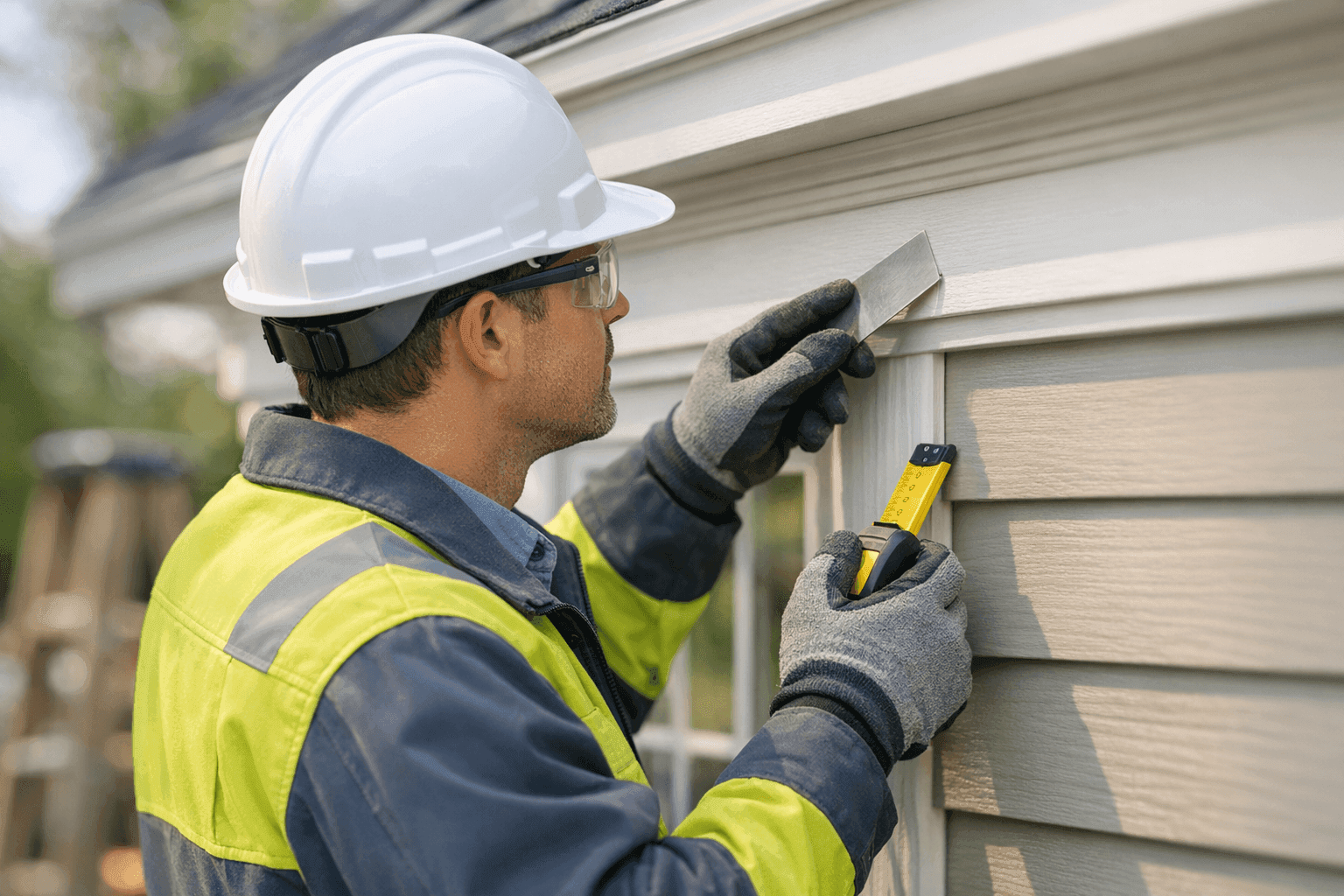 Technician inspecting exterior trim and molding for wear