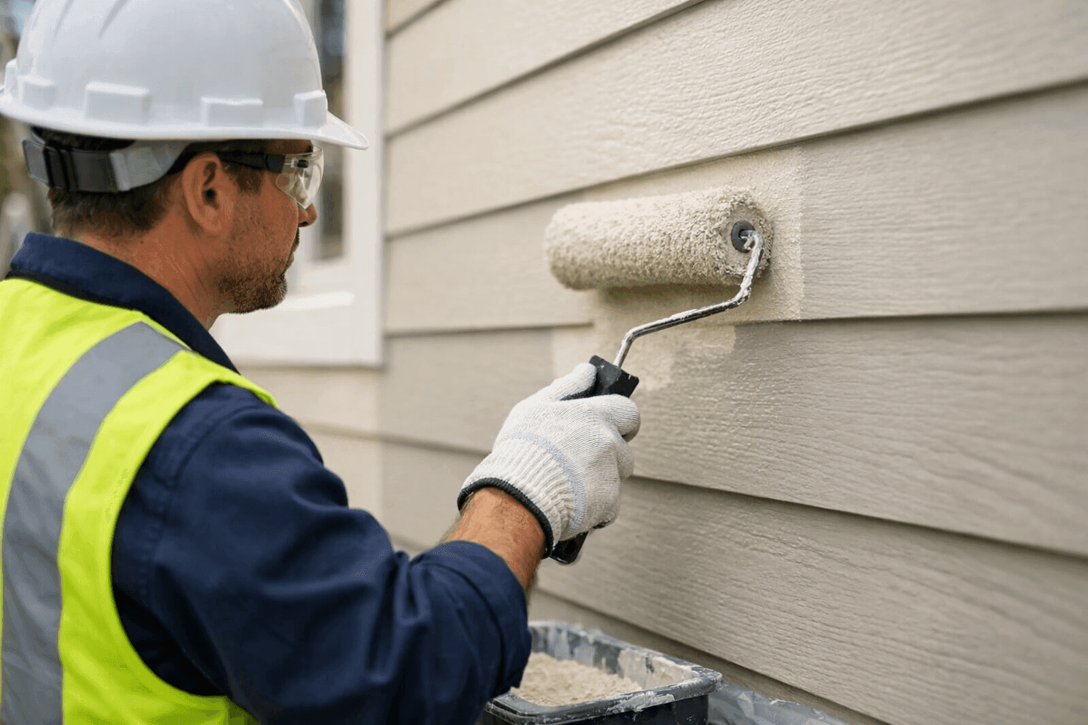 Technician painting house siding with roller
