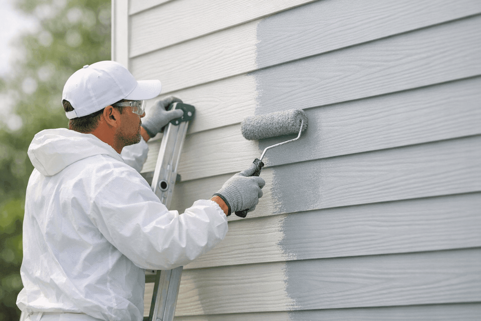 Painter applying fresh coat of paint to house siding