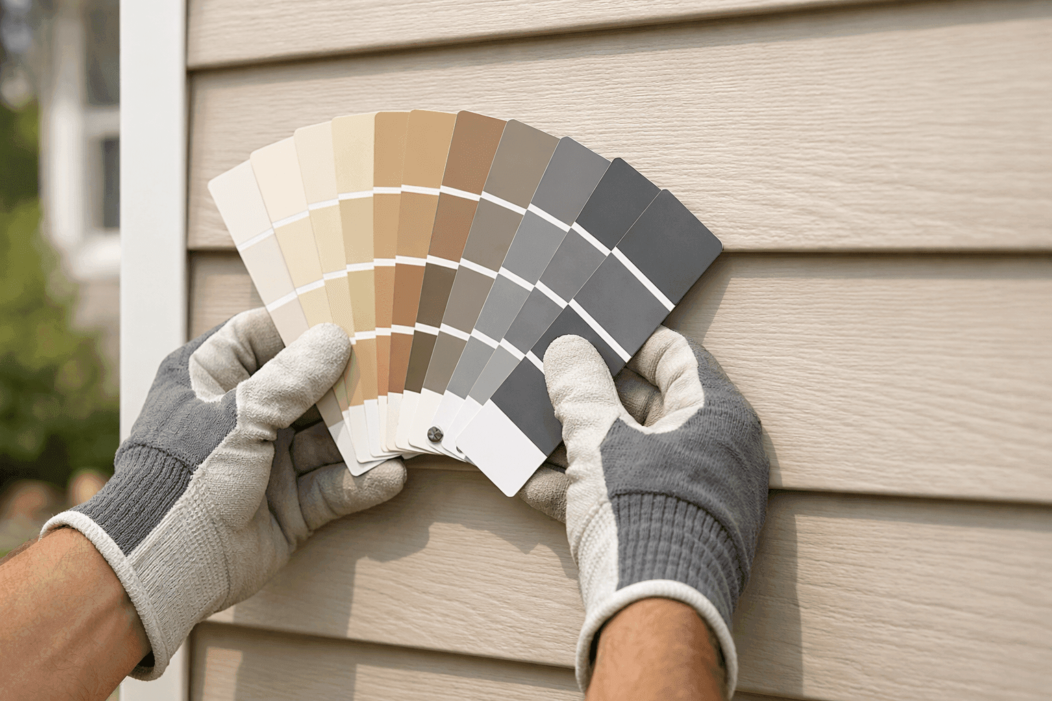 Color swatches held up to home siding exterior