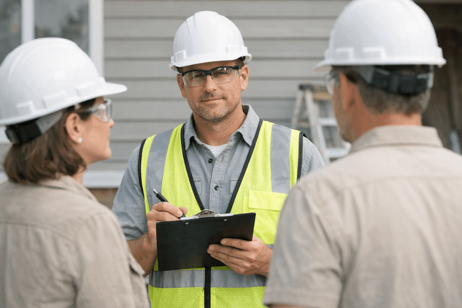 Homeowner interviewing siding contractor with checklist