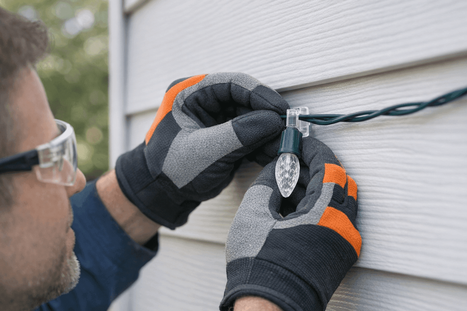 Homeowner attaching holiday lights to siding with clips