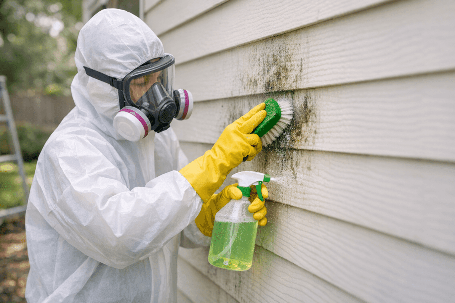 Technician cleaning mold from exterior siding panel