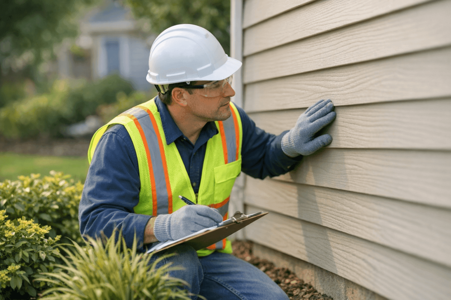 Technician inspecting siding near landscaping and plants