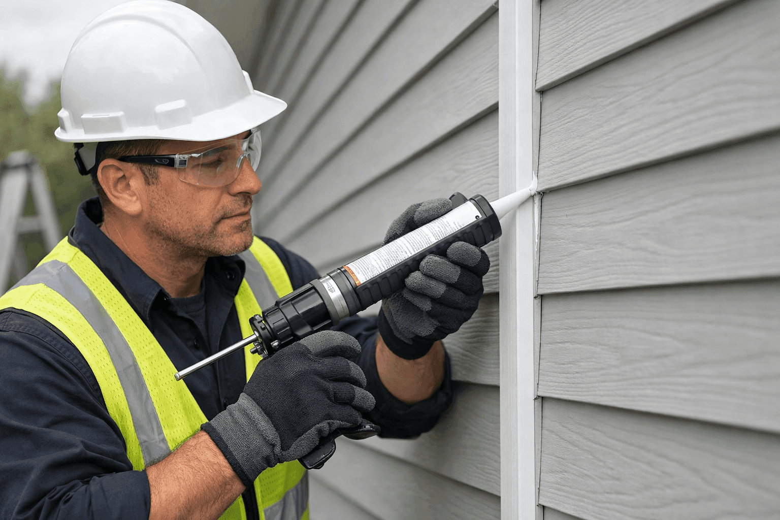 Technician applying sealant to house siding in stormy weather