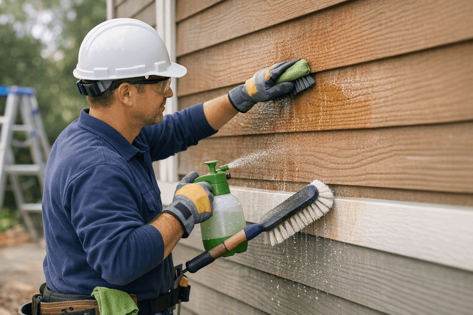 Technician removing stains from house siding with gentle cleaning tools