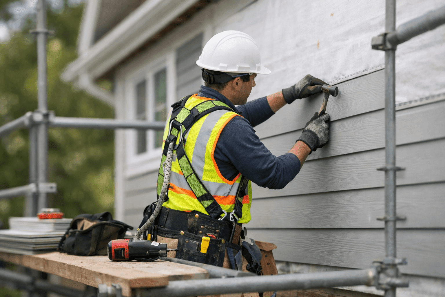 Technician using safety harness to install siding on a two-story home