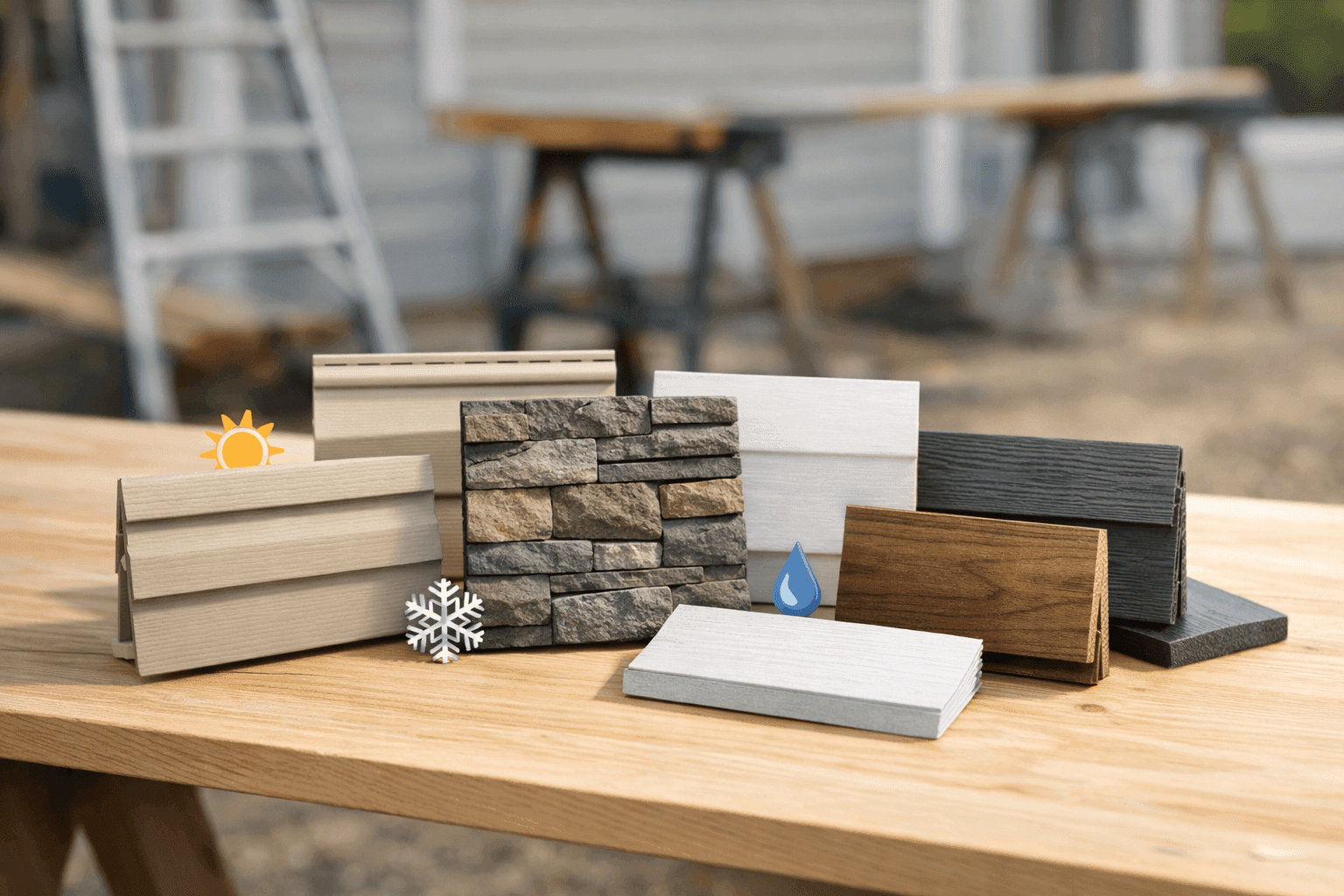 Siding materials displayed with weather icons for different climates