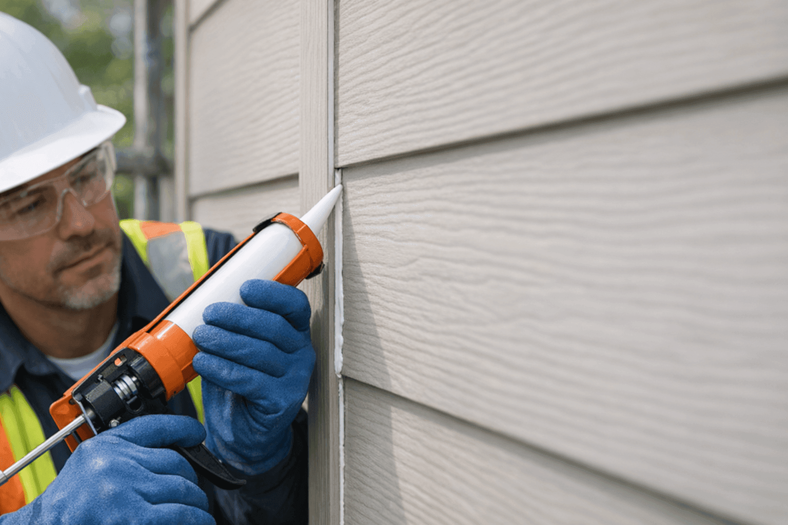 Technician applying caulk to house siding seam