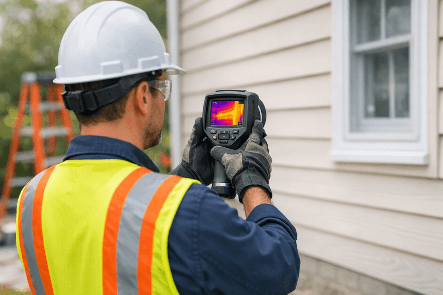 Technician using thermal camera to assess siding energy efficiency