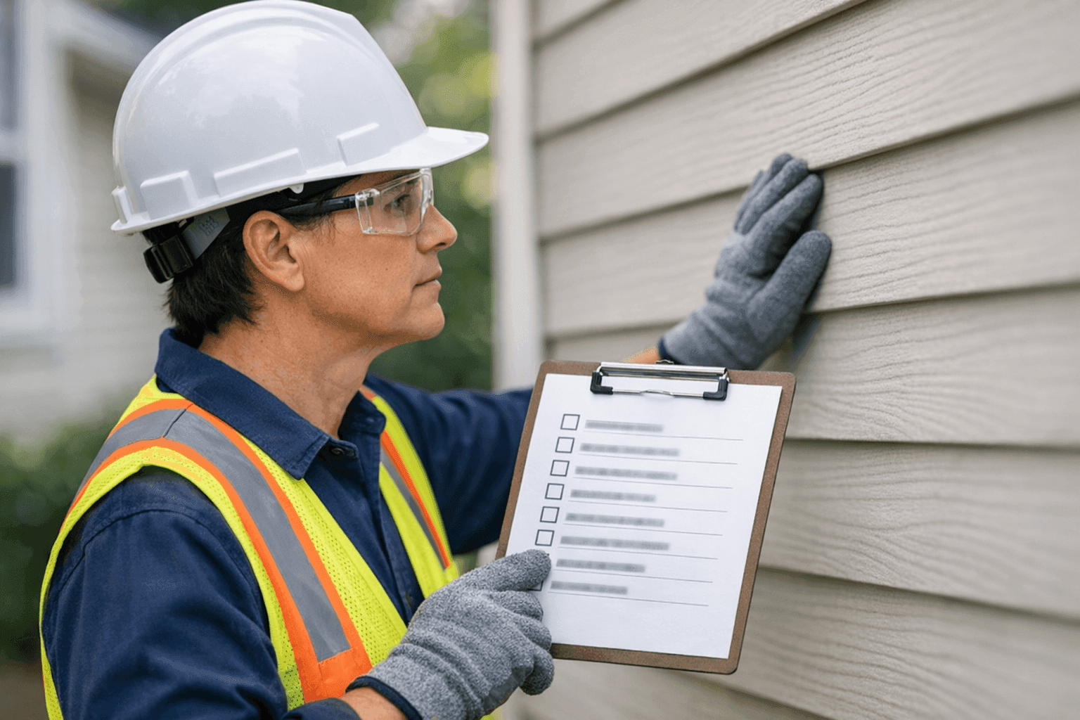 Homeowner following siding maintenance checklist outdoors