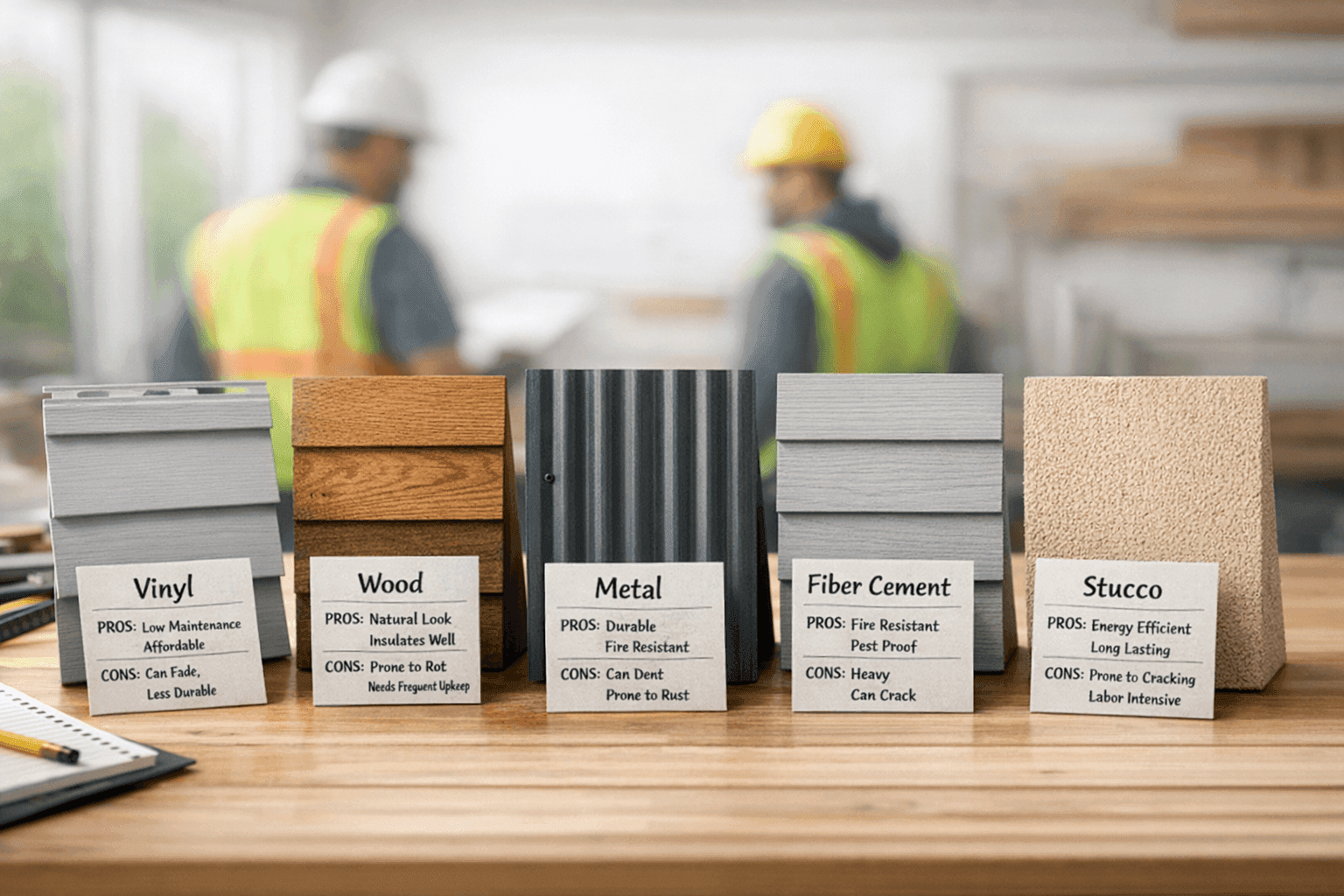 Samples of different siding materials labeled with pros and cons