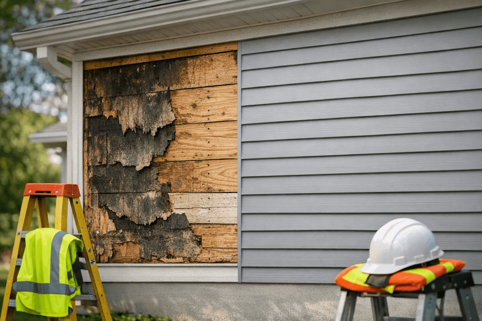 Damaged siding with visible repair and replacement sections