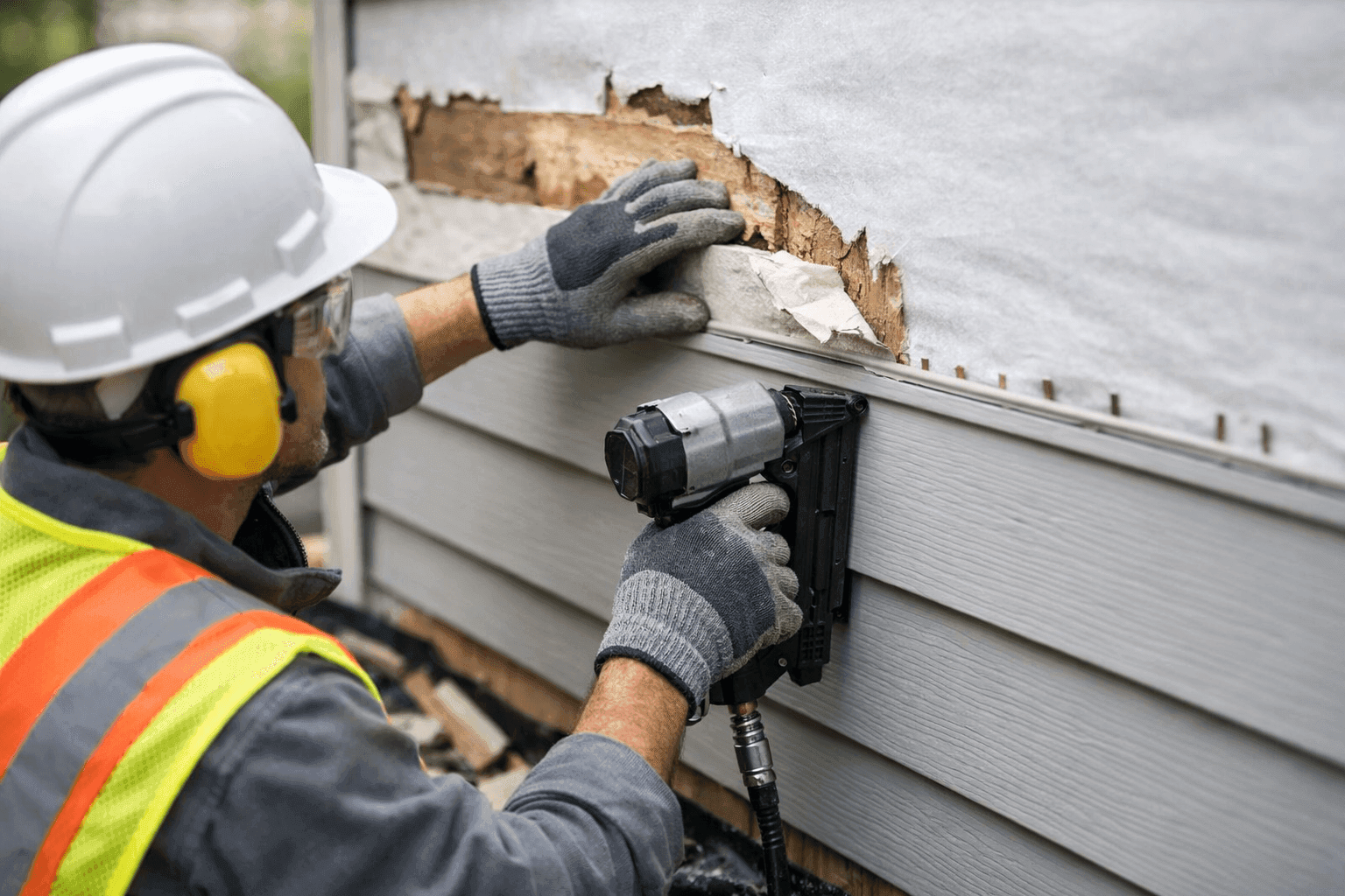 Technician replacing siding damaged by storm