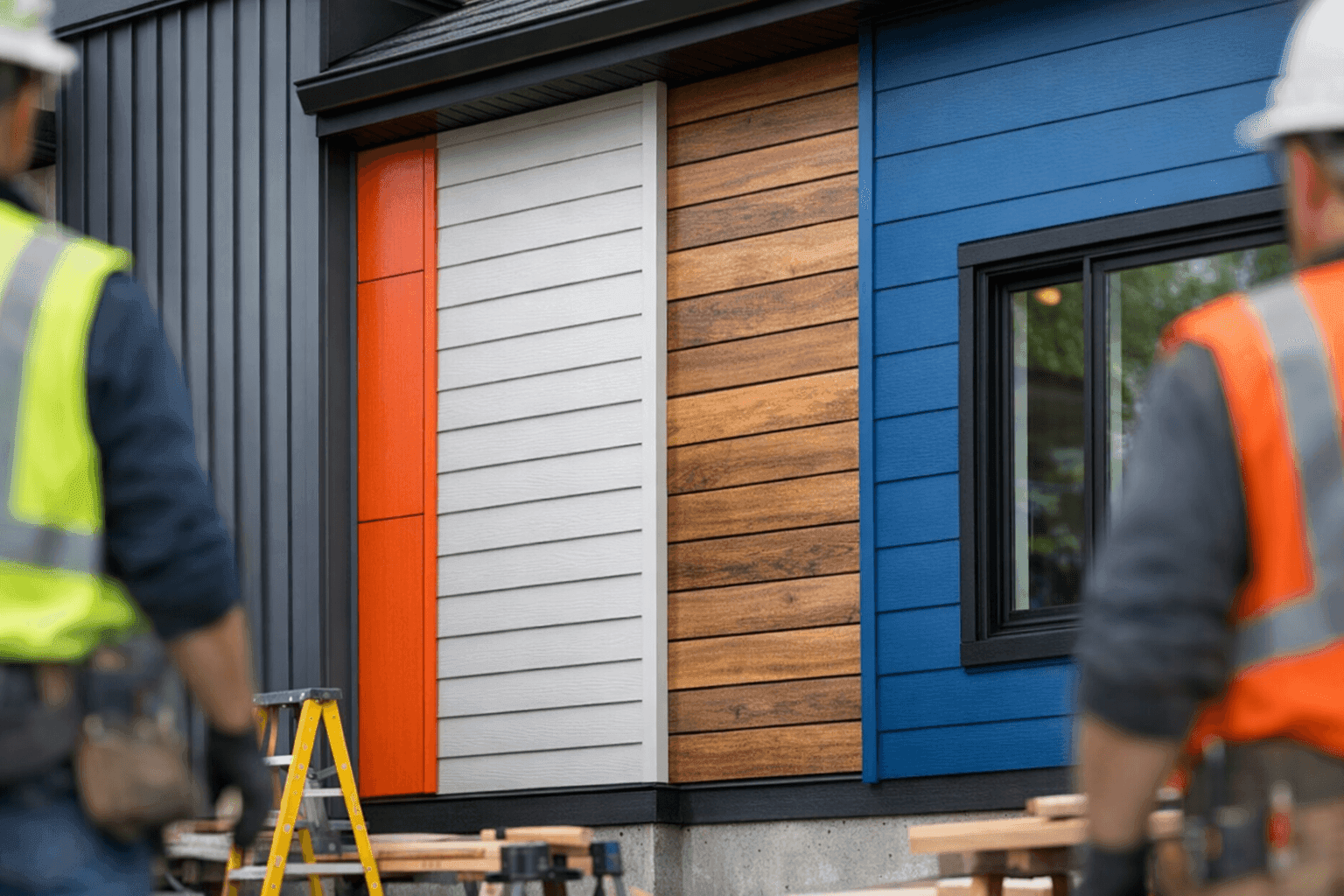 Modern home featuring mixed-material siding and bold color