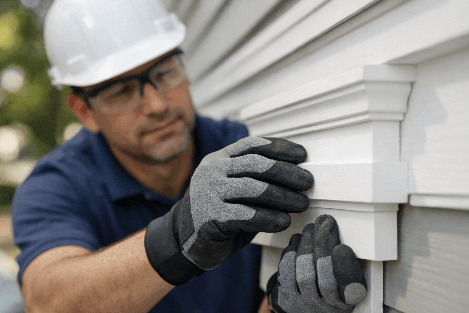 Technician installing decorative siding trim on house