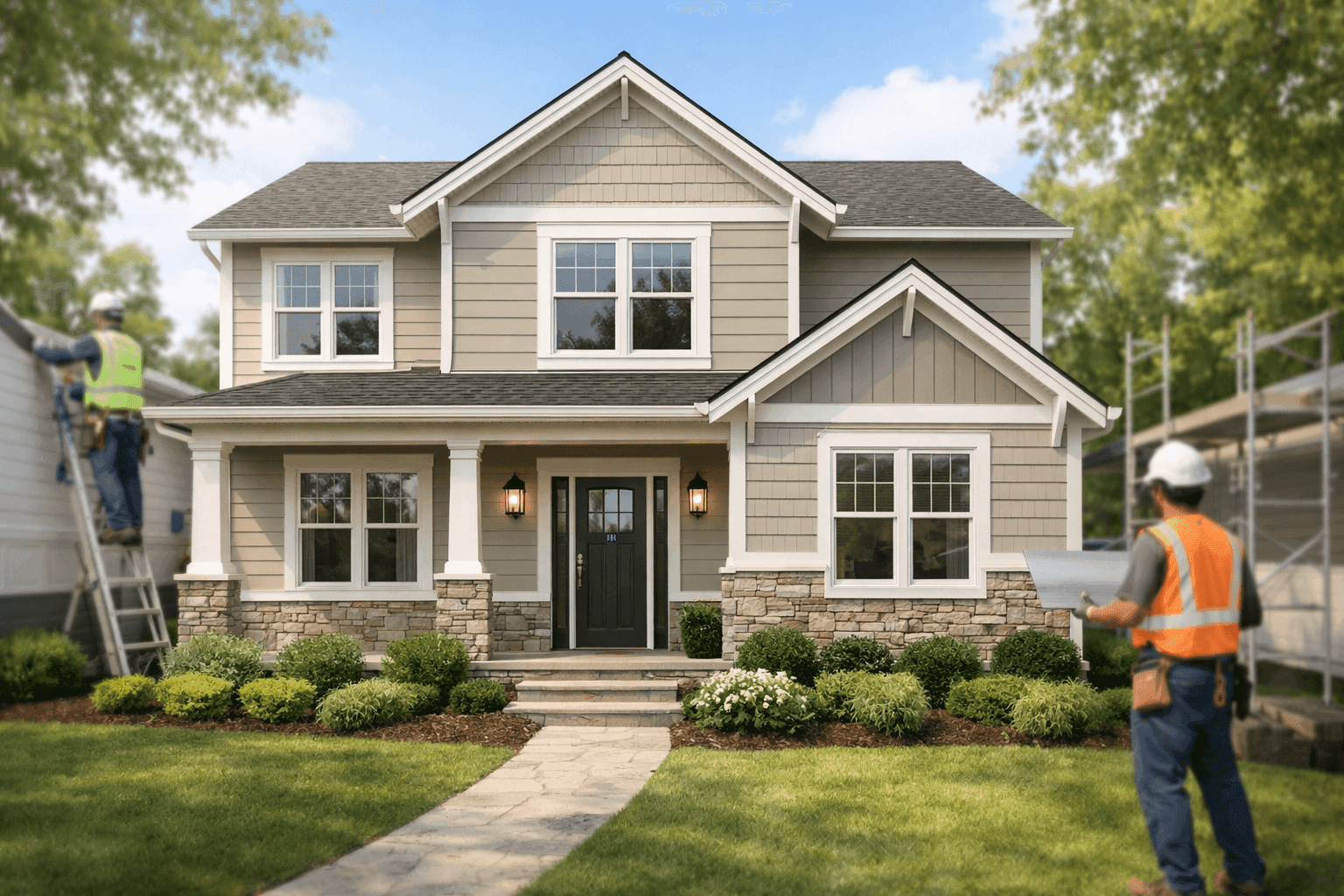 Modern home with upgraded siding and trim for curb appeal