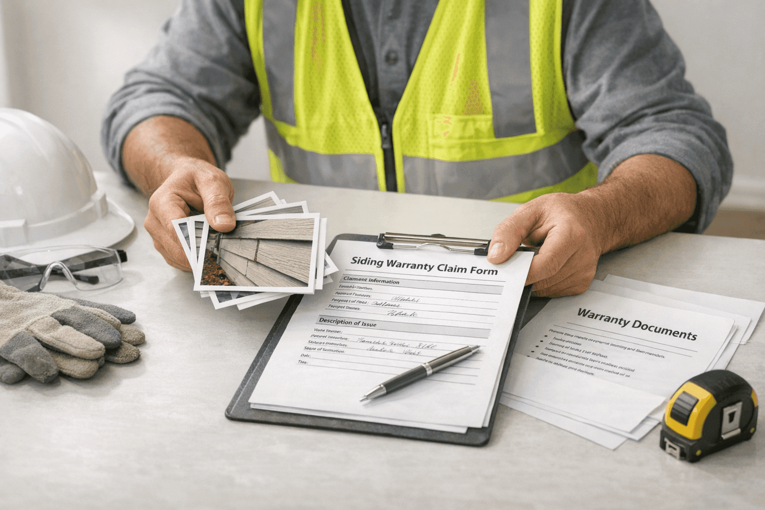 Homeowner organizing paperwork for a siding warranty claim