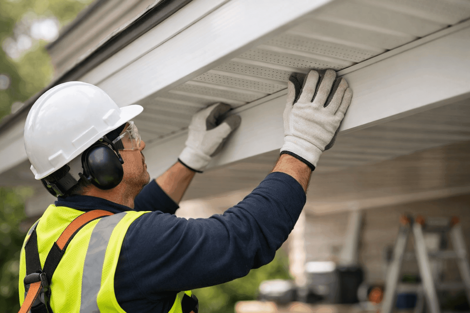 Close-up of soffit and fascia installation on a home eave