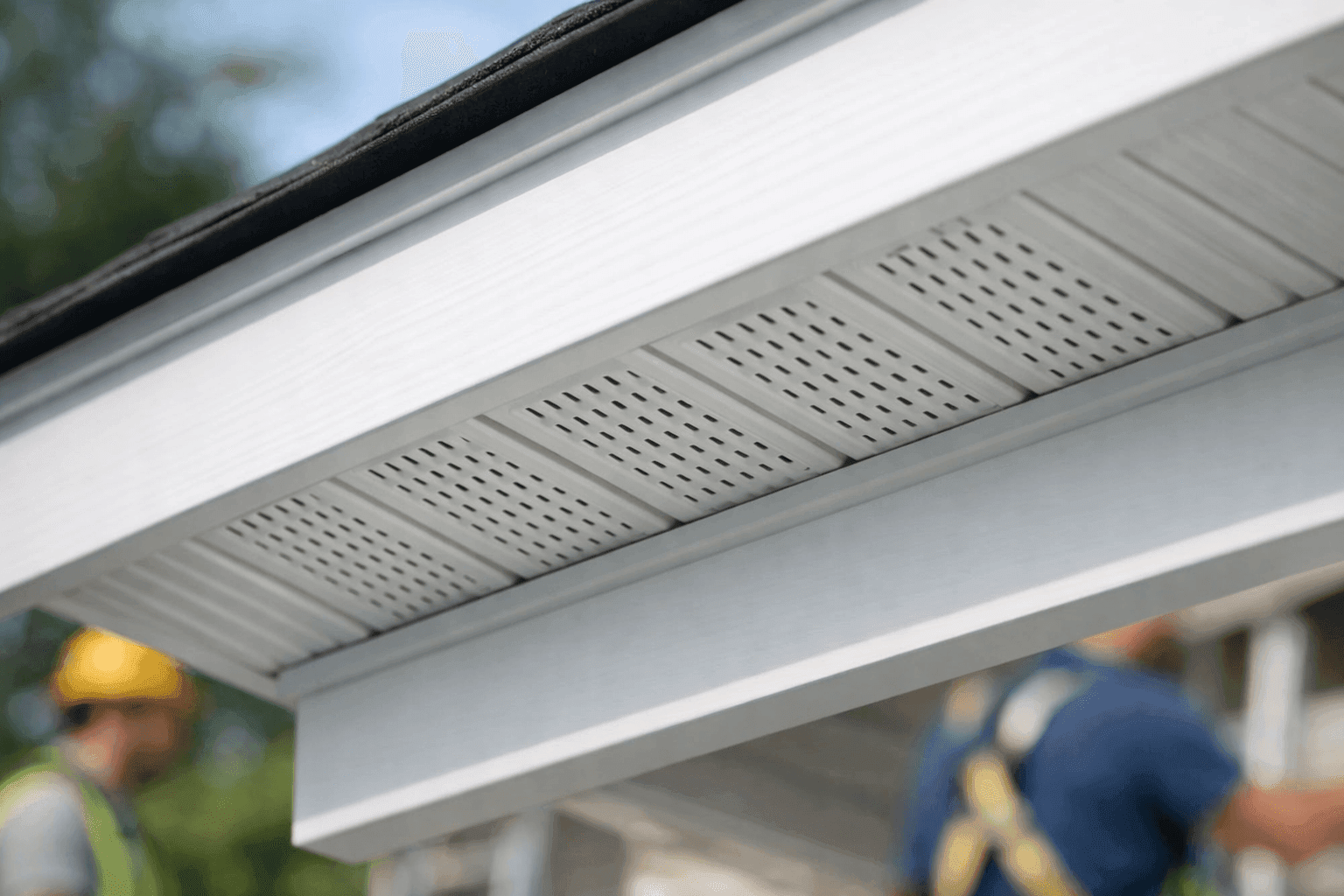 Close-up of soffit vent installed under roof eaves