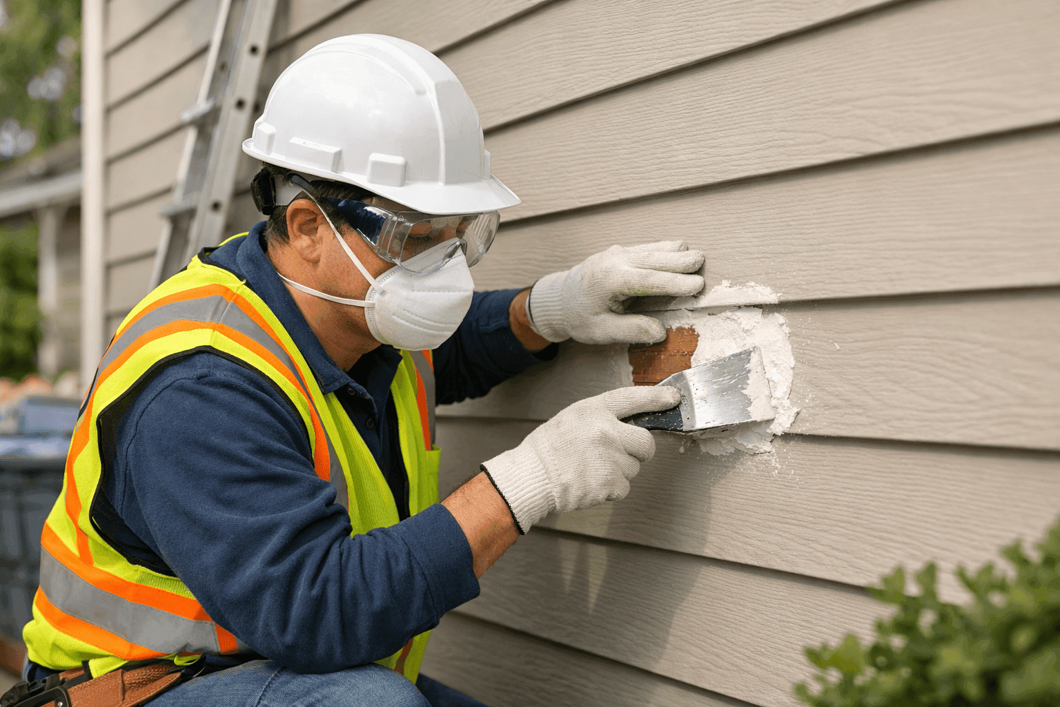 Technician patching a hole in exterior siding