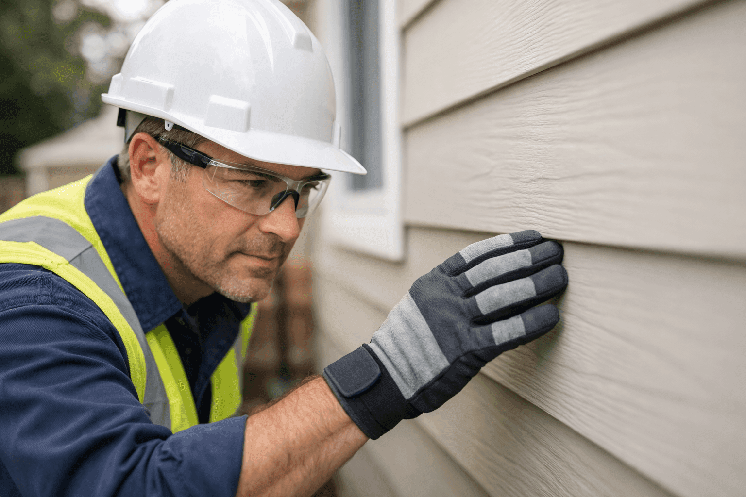 Homeowner inspecting house siding for early signs of damage