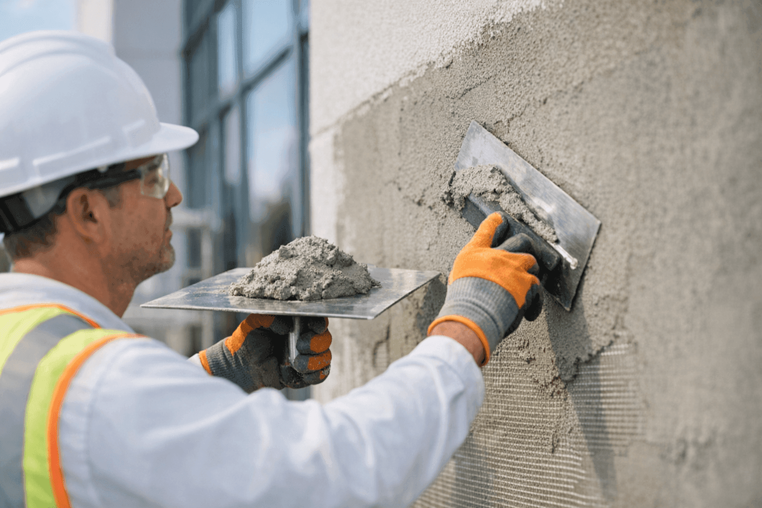 Technician applying stucco siding on building exterior