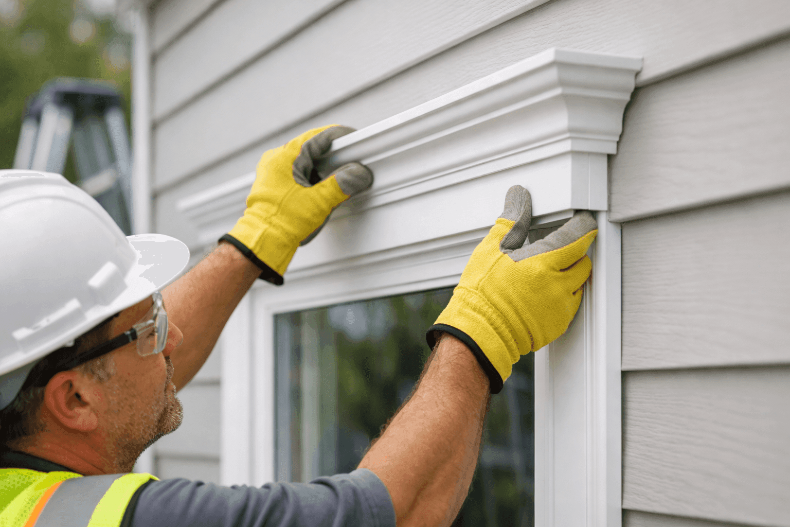 Technician installing decorative molding on house exterior