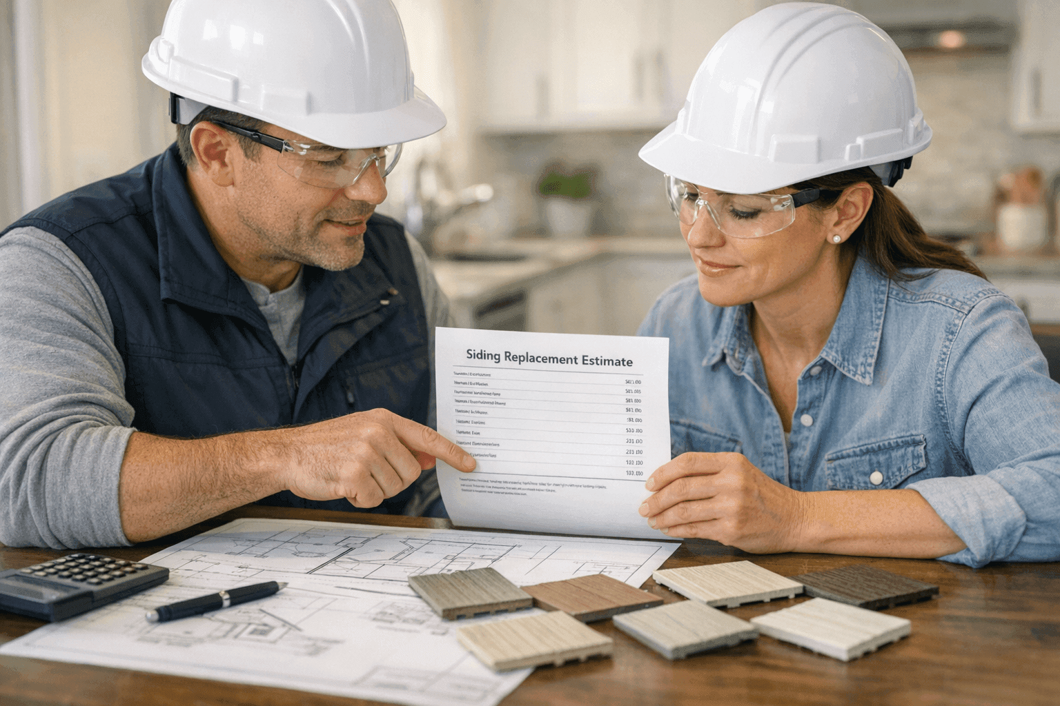 Contractor reviewing siding replacement estimate with homeowner