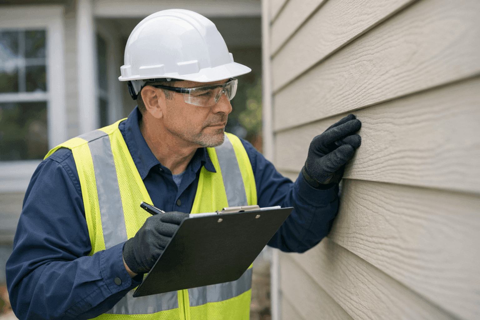 Contractor examining exterior siding on house