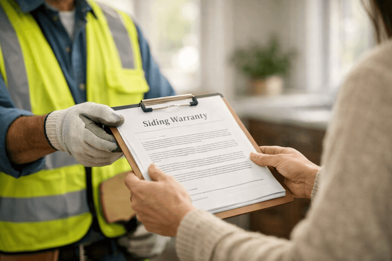 Contractor showing siding warranty paperwork to homeowner