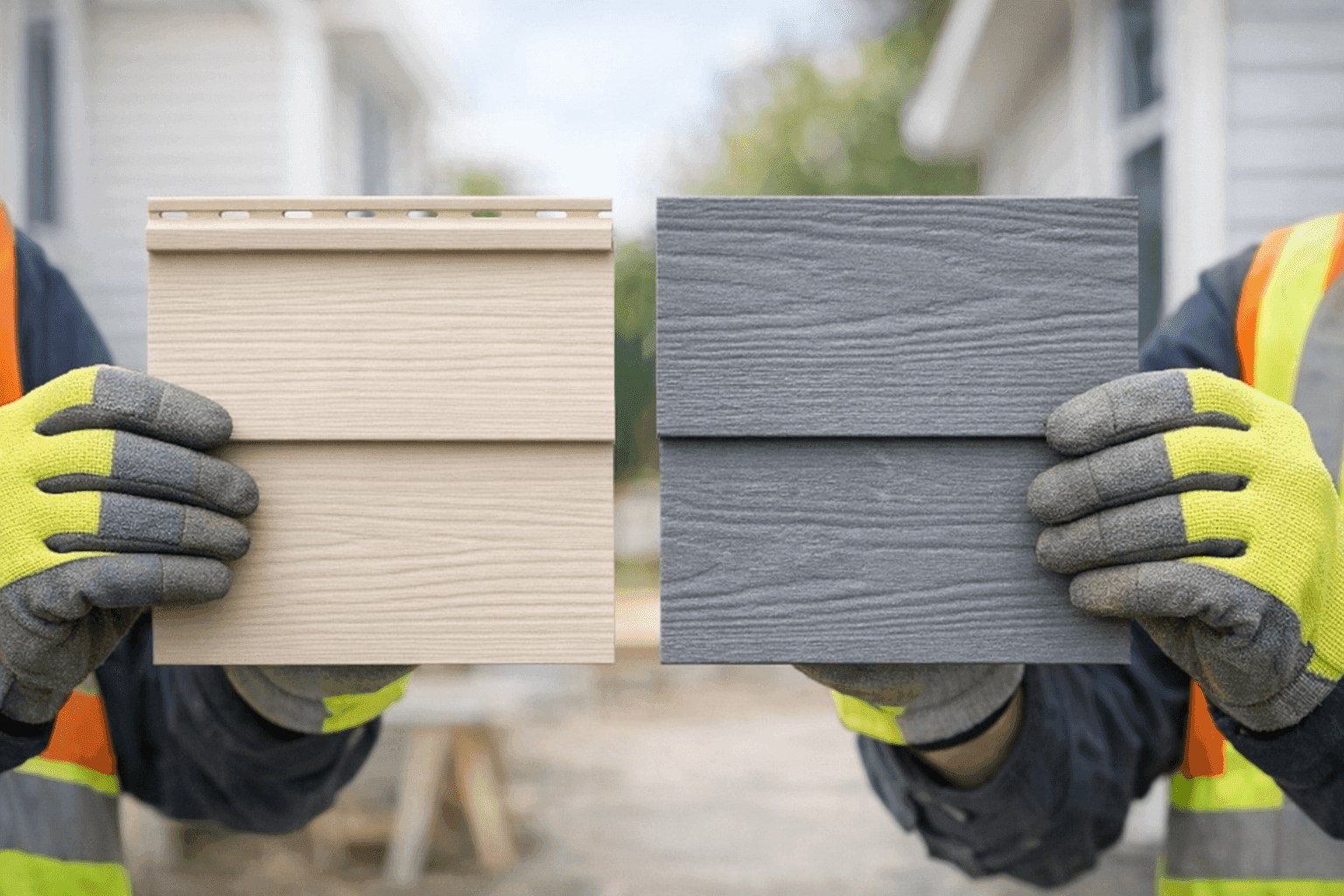 Close-up of vinyl and fiber cement siding samples side by side