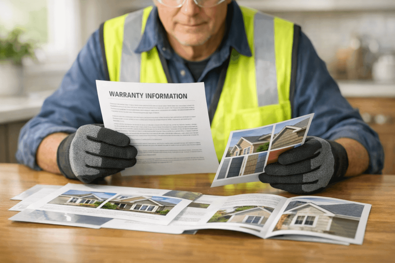 Homeowner reviewing siding warranty documents at table