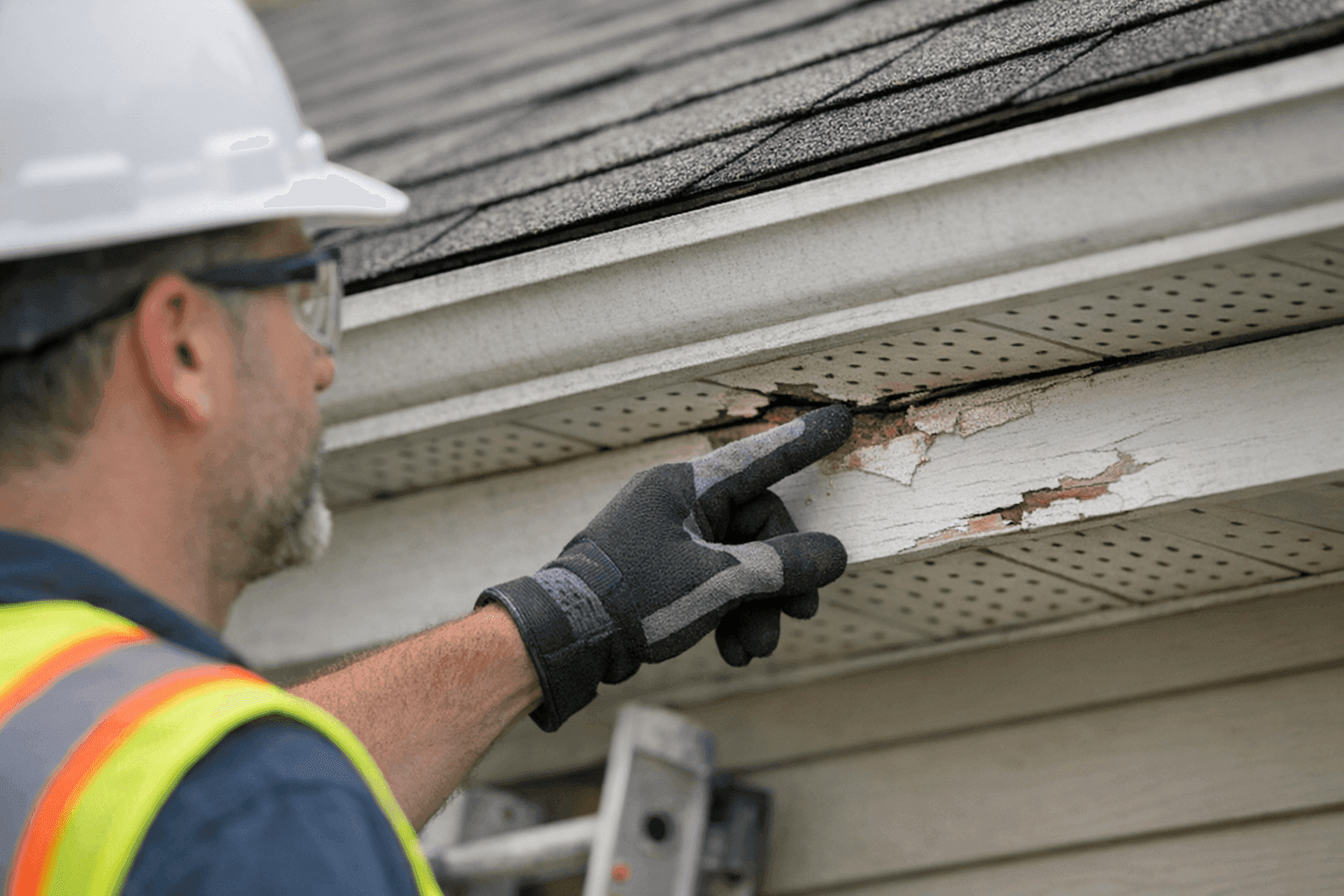 Damaged soffit and fascia on home roof edge