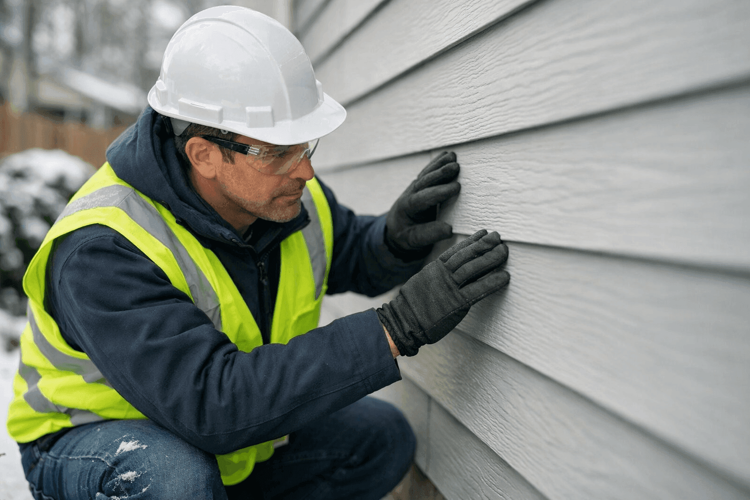 Technician inspecting siding during winter for freeze prevention