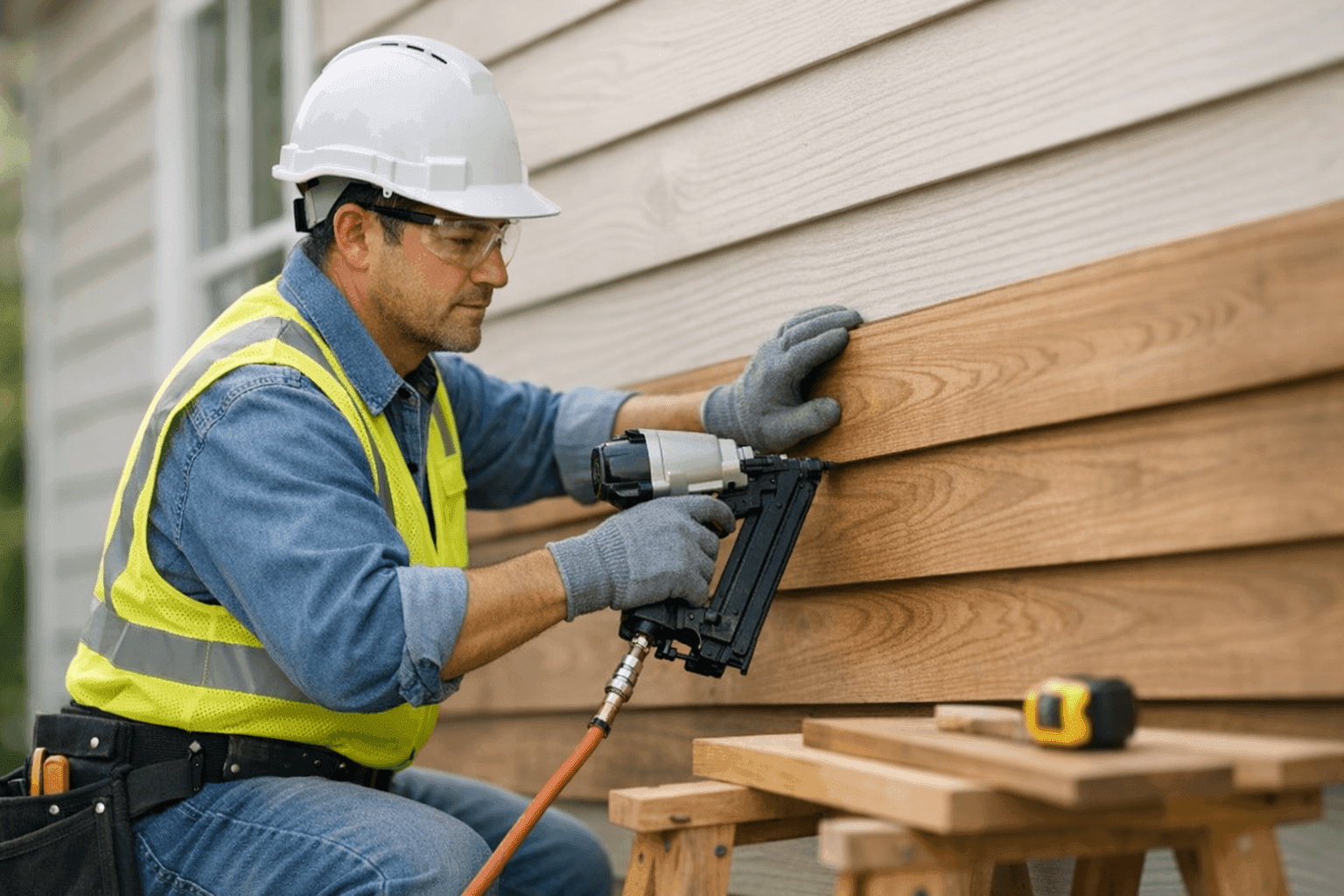 Technician installing modern wood siding on a house